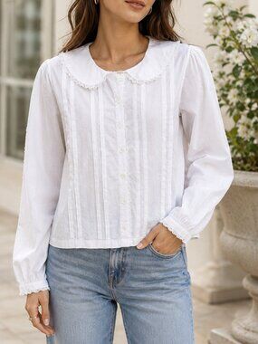 Sandy Liang Grove Blouse Top Lace Pleated Tonal Embroidered Buttondown S 284887